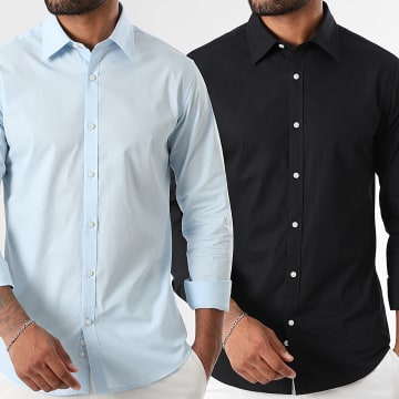 LBO - Lot De 2 Chemises Manches Longues Poplin 0007 0009 Noir Bleu Clair
